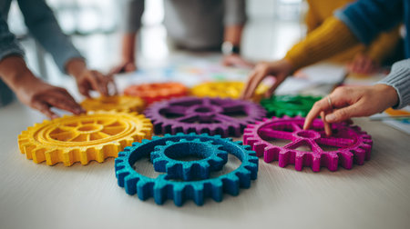 Colorful gear pieces being arranged on a table during a collaborative brainstorming session in a bright office settingの素材