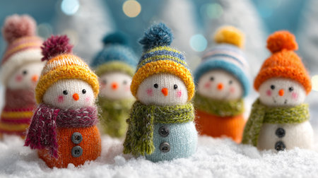 Colorful knitted snowmen gather in a winter wonderland during the holiday seasonの素材