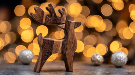 Wooden reindeer figurine stands gracefully among blurred golden holiday lights and festive ornamentsの素材