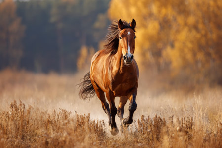 Horse galloping through a vibrant autumn landscape at sunrise in a tranquil open fieldの素材