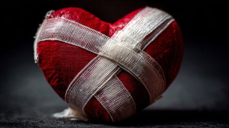 Heart wrapped in bandages resting on a dark surface, symbolizing healing and recovery in art and designの素材