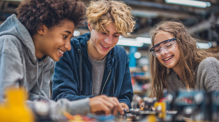 Students engaging in hands-on learning and collaboration at a workshopの素材