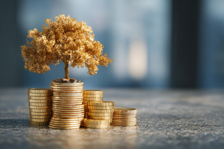Golden tree growing from stacks of coins representing wealth and prosperity in a modern financial environmentの素材