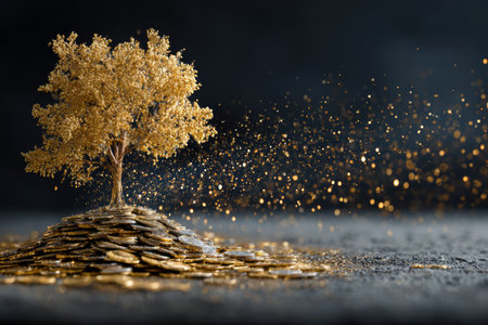 Golden tree surrounded by coins creates a surreal atmosphere of wealth and prosperityの素材