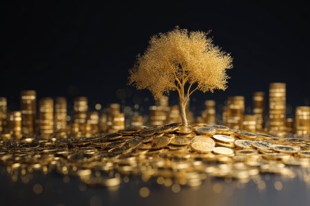 Growing wealth tree surrounded by gold coins on dark background symbolizes financial growth and prosperityの素材