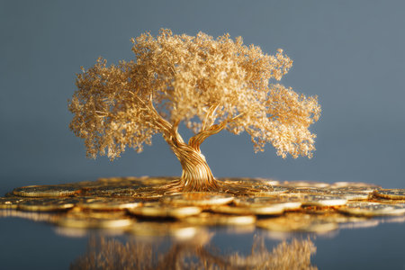 Golden tree sculpture surrounded by coins symbolizes wealth and prosperity in a creative artistic displayの素材