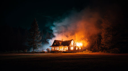 Flames engulf a wooden house as smoke billows into the night sky in a secluded forest areaの素材