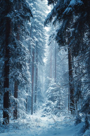 Majestic winter forest with snow-covered trees creating a serene atmosphere during a quiet morning lightの素材