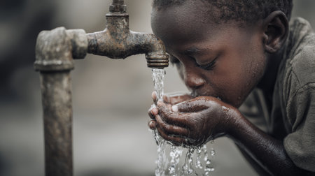 Child drinking clean water from a tap in a rural area during the warm afternoonの素材