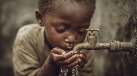 Child drinking clean water from a tap in a rural setting during the daytimeの素材
