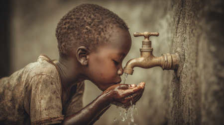 Young child drinking water from a tap in a dusty environment during warm daylight hoursの素材