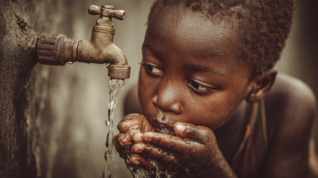 Young child drinking clean water from a tap in a rural area during the daytimeの素材