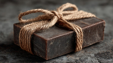 Natural handmade soap wrapped with twine on a dark textured background, showcasing its rustic design and artisanal appealの素材