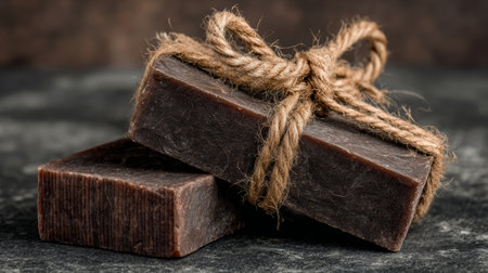 Natural handcrafted soap bars wrapped with twine on a dark stone surface showcasing rustic beauty and quality craftsmanshipの素材