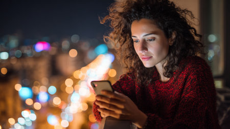Young woman engaged with smartphone overlooking city lights at nightの素材
