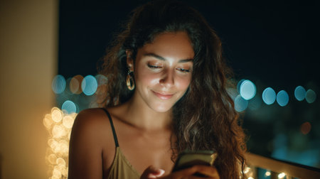 Woman enjoying a night on a balcony while checking her phone and smiling in a softly lit urban settingの素材
