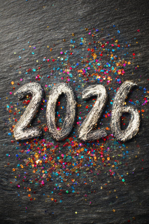 Celebratory decoration with glitter and numbers representing the year 2026 on a dark surfaceの素材