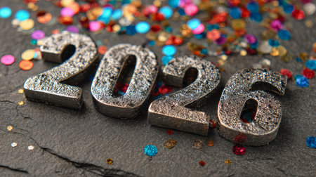 Metallic numbers 2026 surrounded by colorful confetti on a dark surface for celebration or New Year eventの素材