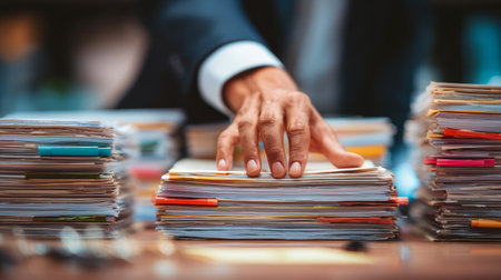 Hand reaching for document stack in an office setting during a busy workdayの素材
