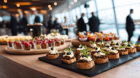 Networking event with gourmet appetizers served in an elegant venue during the eveningの素材