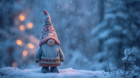 Gnome stands alone in a snowy forest during a serene winter evening with soft falling snowflakesの素材