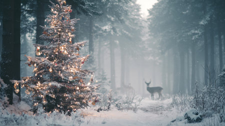 Winter forest scene featuring a decorated tree and deer in a snowy landscape during twilight hoursの素材