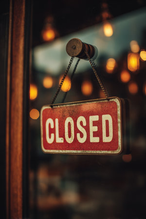 Sign indicating closure hangs on a restaurant door during evening time with warm lights in the backgroundの素材
