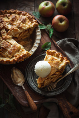 Delicious homemade apple pie with a slice served on a plate beside fresh applesの素材