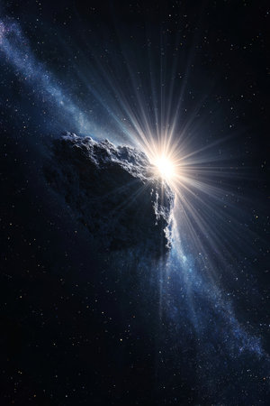 Bright celestial event with asteroid reflecting sunlight in deep space during nighttimeの素材