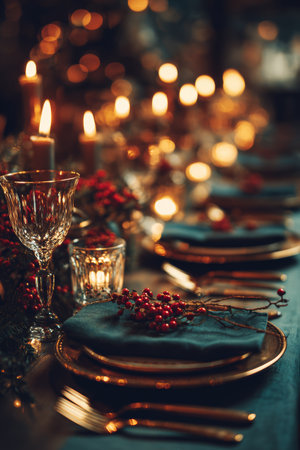 Elegant dinner table setting adorned with candles and festive decorations for a special celebrationの素材
