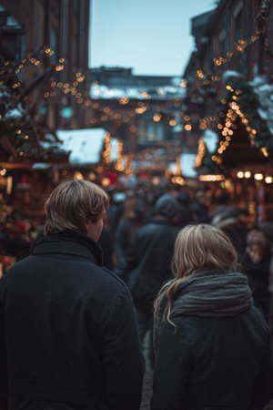 Couple strolls through a festive market under twinkling lights in a chilly evening settingの素材