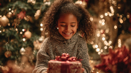 Joyful child opening a present in front of a beautifully decorated Christmas tree with twinkling lightsの素材