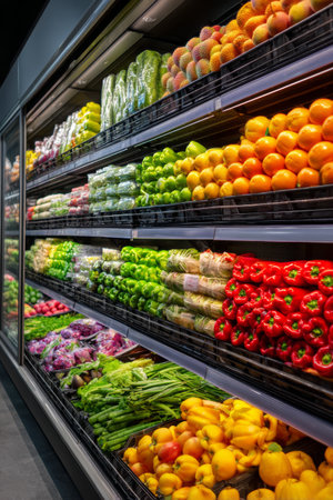 Fresh produce displayed in a grocery store with vibrant colors and variety in different sectionsの素材
