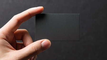 Blank business card being held by a hand against a dark background in a minimalistic settingの素材