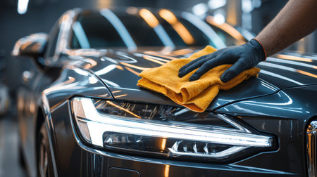 Shining finish achieved through careful detailing of a luxury car in an indoor garageの素材