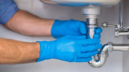 Plumber repairing a sink drain in a residential bathroom during daytimeの素材