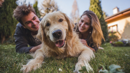 Happy golden retriever enjoying time with young couple in a garden during sunny afternoon in springの素材