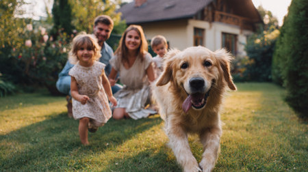 Family enjoying a sunny day in the garden with their playful golden retriever and children running joyfullyの素材