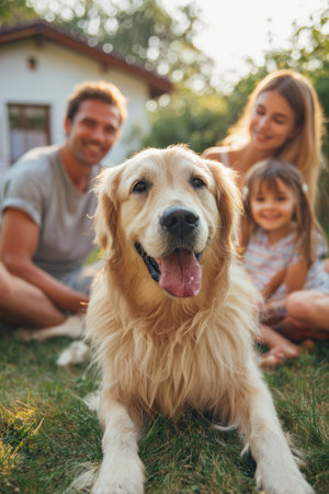 Joyful family moment with golden retriever in the backyard during golden hour on a warm summer eveningの素材