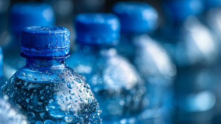 Close-up of water bottles showing condensation in a cool, refreshing display at a local market during summerの素材