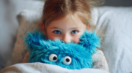 Young child with big blue monster plush toy cuddling under blankets indoors during a cozy morningの素材