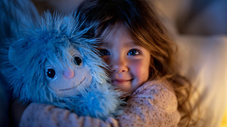 Young girl cuddling a blue stuffed animal in a cozy bedroom at nighttimeの素材