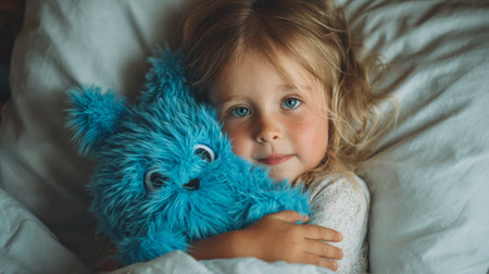 Little girl cuddles a fluffy blue stuffed toy in soft white bedding during a cozy afternoon at homeの素材