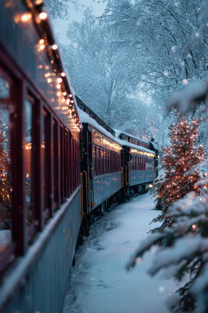 Winter train travels through a snowy landscape adorned with festive lights and treesの素材