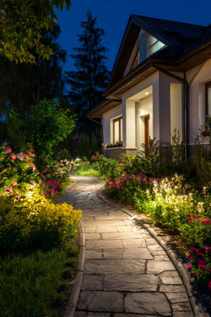 Beautifully illuminated garden pathway at a house during nighttime under a starry skyの素材
