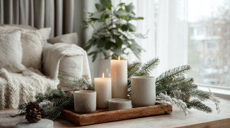 Cozy winter living room with candle display and greenery creating a warm atmosphereの素材