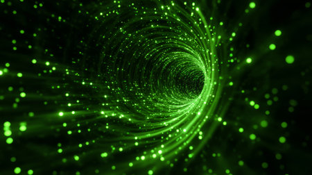 Dynamic swirling green vortex with glowing particles in a digital space environmentの素材