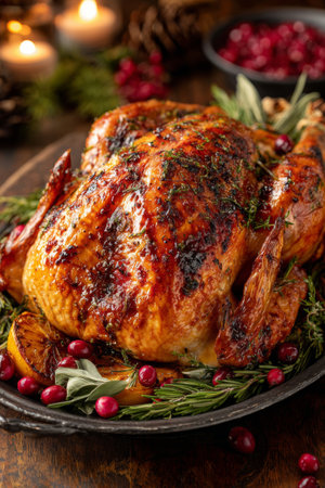 Perfectly roasted turkey garnished with herbs and fruits on a festive table during a holiday gatheringの素材