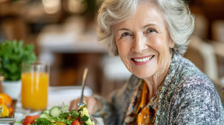 Elderly woman enjoying a fresh salad and juice at a cozy restaurant during lunch timeの素材