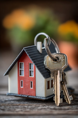 Model house with keys on wooden surface showcasing new beginnings in home ownershipの素材